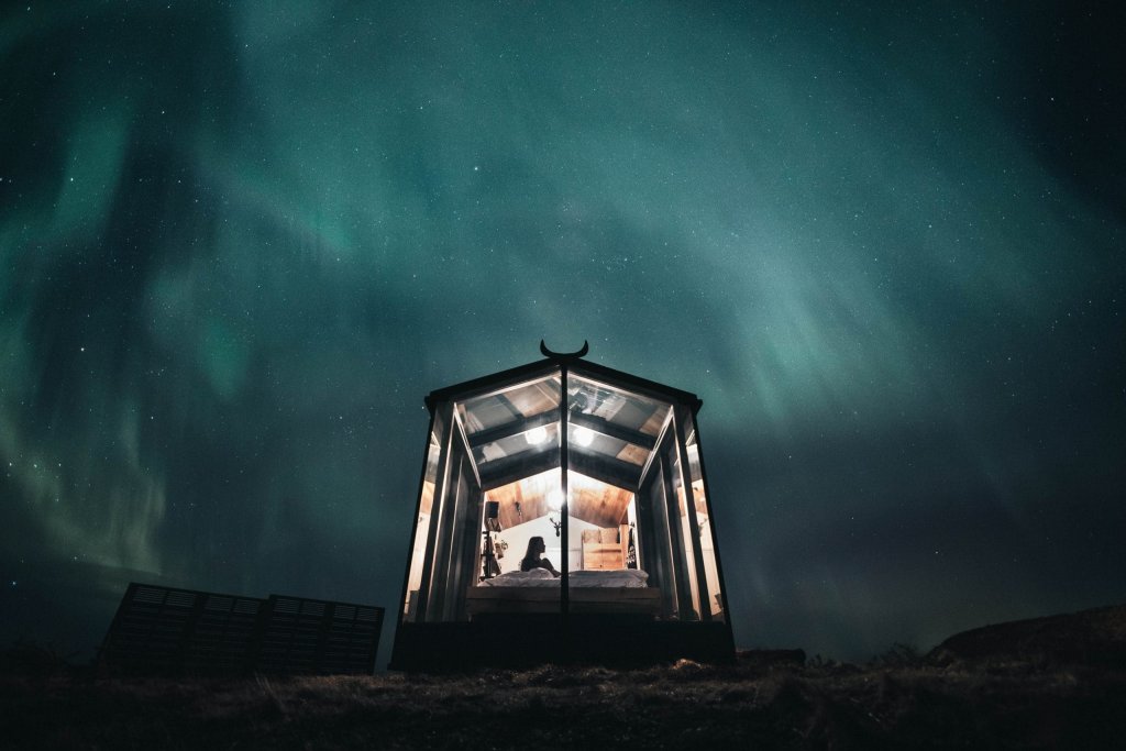 glass cabins iceland view night
