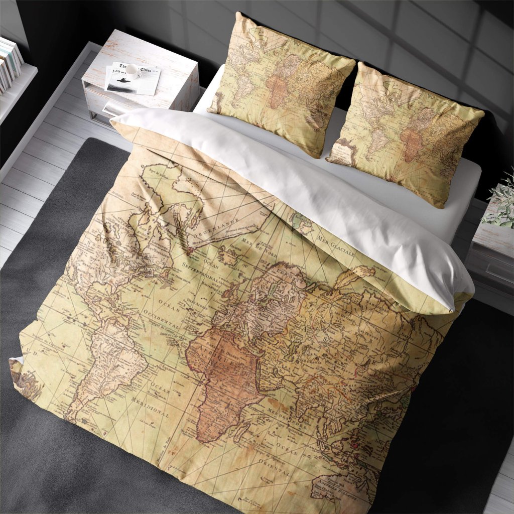 old school world map bedding set mockup