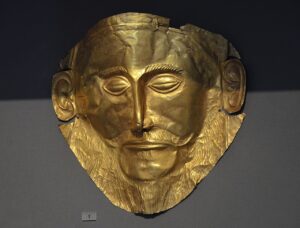 1280px Gold death mask known as the mask of Agamemnon from Mycenae grave Circle A 16th century BC Athens Archaeological Museum Greece 22669073522
